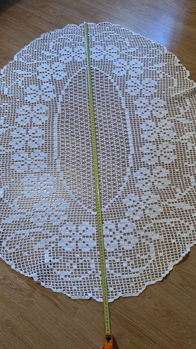 Nappe / Napperon Ovale Vintage Blanc- 120 x 100  cm–  Coton Fait Main Crochet– Ancien - Pièce Unique