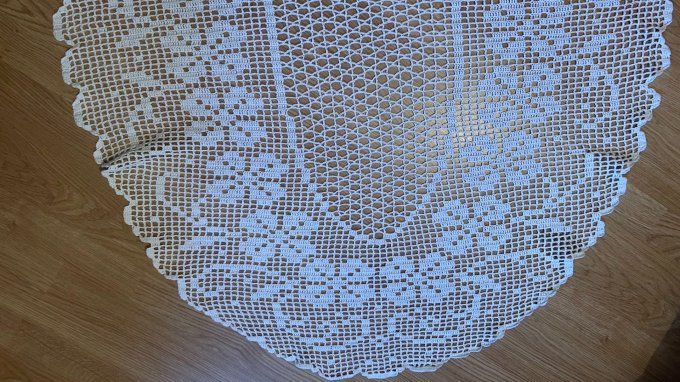 Nappe / Napperon Ovale Vintage Blanc- 120 x 100  cm–  Coton Fait Main Crochet– Ancien - Pièce Unique